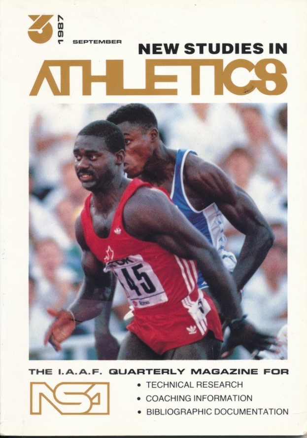 Buchumschlag betitelt "Neue Studien im Leichtathletik September 1987" mit zwei Personen auf dem Cover und wahrscheinlich athletikbezogenem Text.