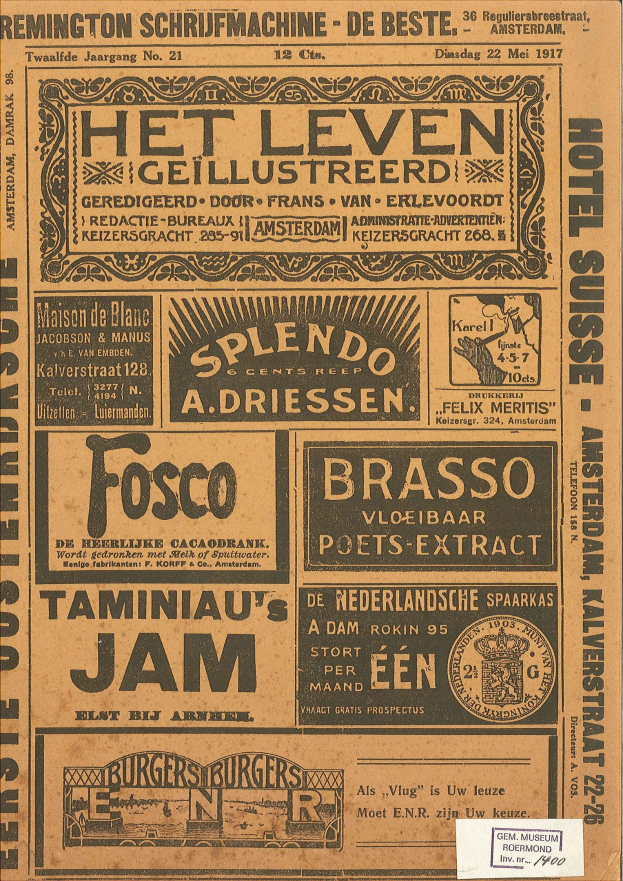 Alte Zeitung mit verschiedenen Anzeigen für Lebensmittel, Getränke und andere Artikel.