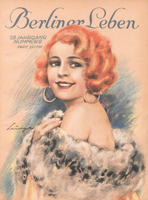 Frau mit roter Haare in einem Pelzmantel auf dem Cover einer Berliner Leben Zeitschrift, im Stil der 1950er Jahre mit fettem schwarzem Text, der "Berliner Lebens" lautet.