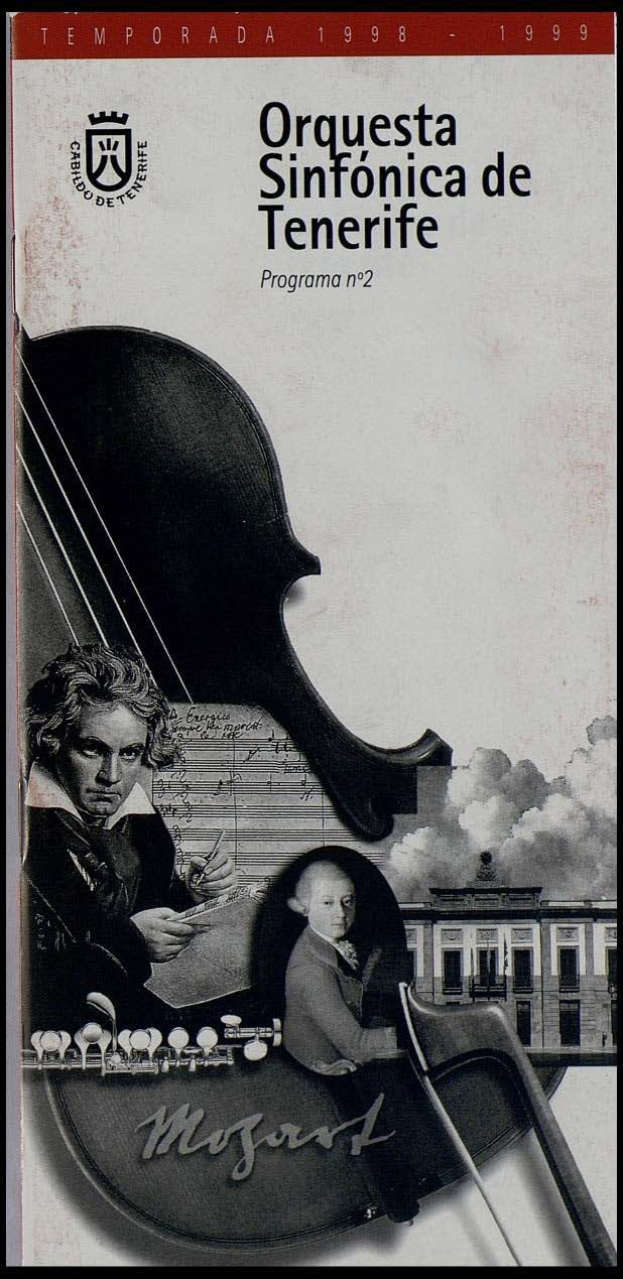 Plakat für das zweite Programm des Symphonieorchesters Teneriffa, das Mozarts Sinfonie Nr. 2 D-Moll, Op. 63, mit zwei Geigern im Vordergrund und einem Gebäude im Hintergrund zeigt.