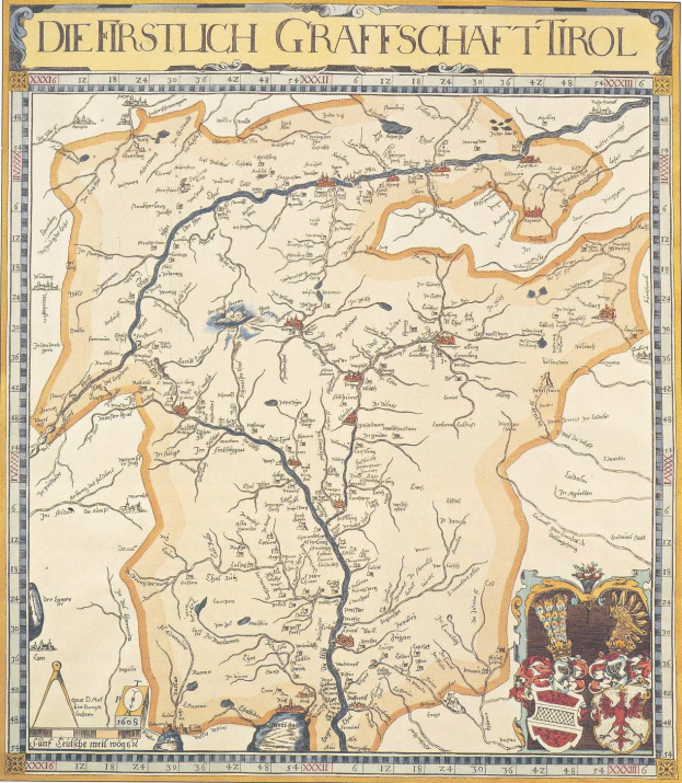 Detailreiches historisches Plakat der ersten Grafschaft Tirol mit einer Karte, die geografische Merkmale, Städte und begleitenden Text zeigt.