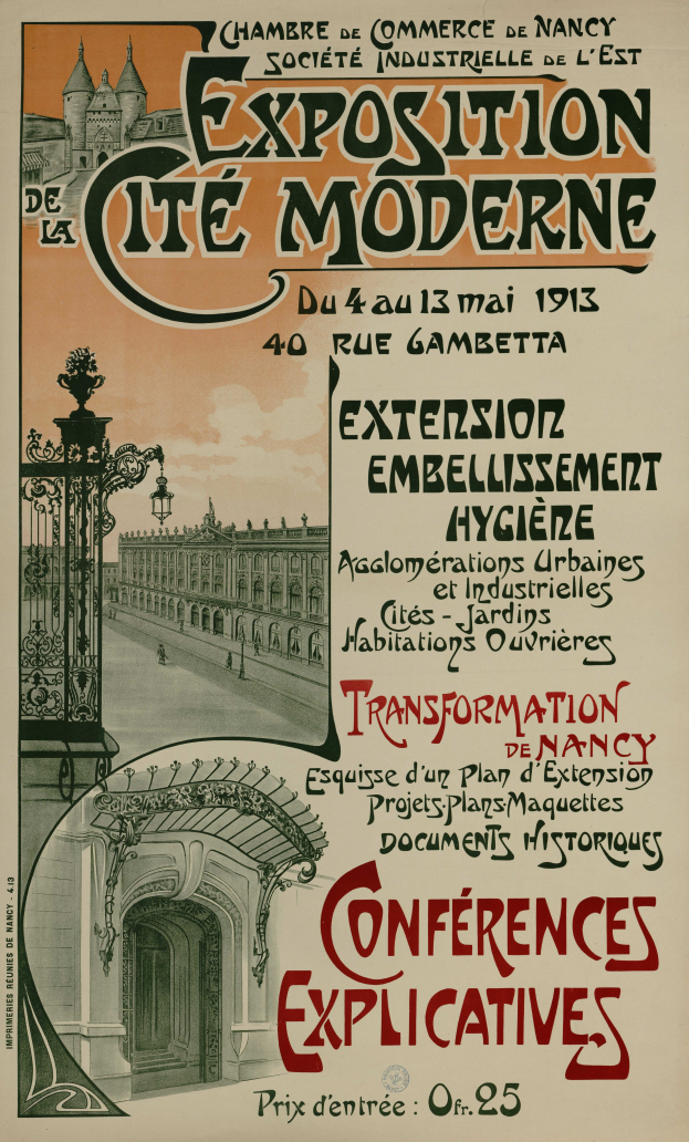 Ein Plakat, das eine Ausstellung in der Cité Moderne ankündigt und ein Gebäude, ein Tor und einen bewölkten Himmel zeigt, mit Texten, die Ausstellungdetails enthalten.