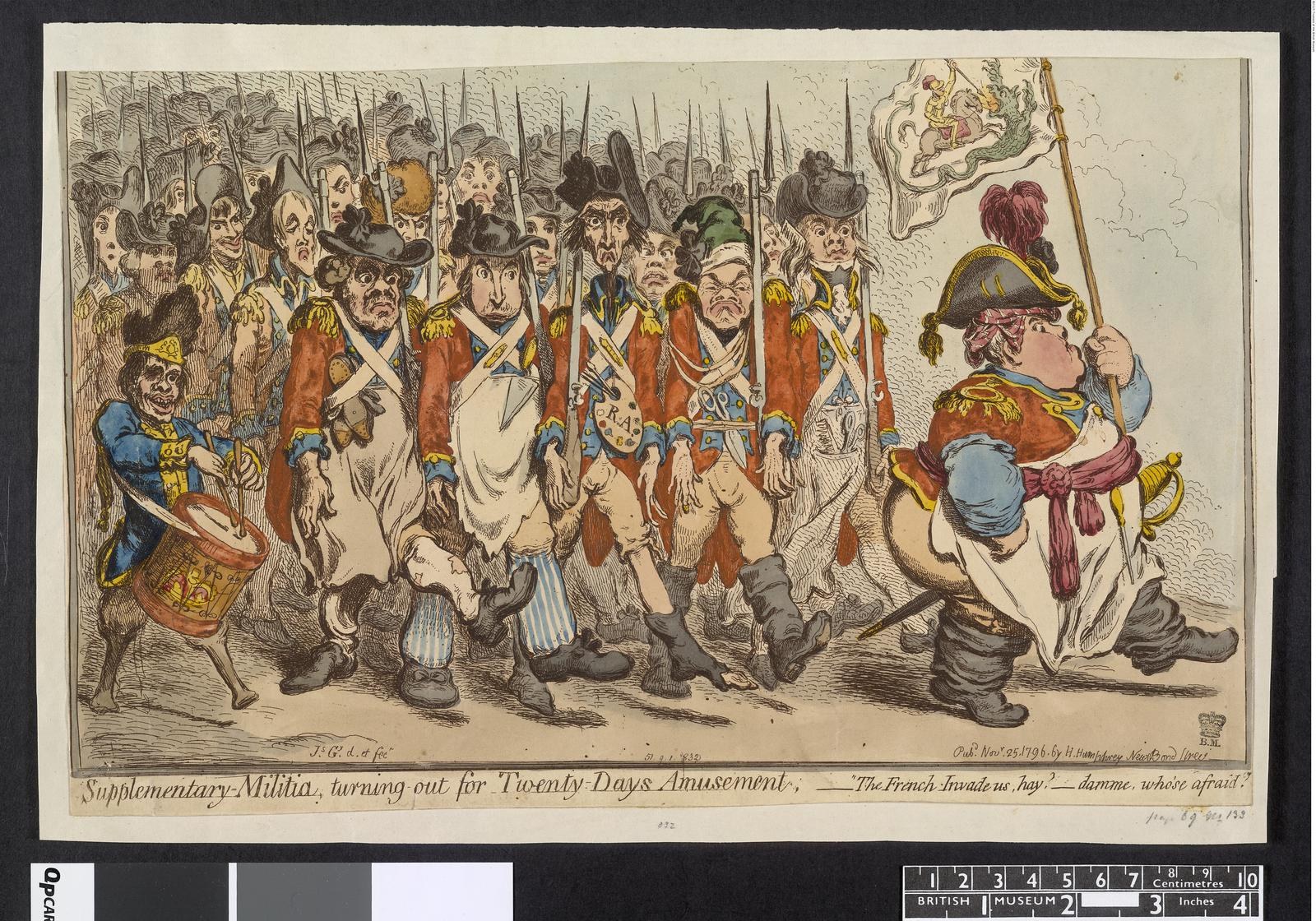 Eine Gruppe von Männern in Militäruniformen marschiert auf einer Straße, einer hält einen Stock in der Hand, mit Text unten: "Zusätzliche Miliz, für 20-tägiges Vergnügen herausgezogen."