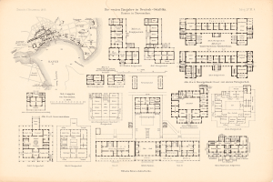 Ein altes Buch mit einer detaillierten Karte einer Stadt, das Gebäude, Straßen und Text mit Informationen über die Straßen, Parks und Sehenswürdigkeiten der Stadt zeigt.