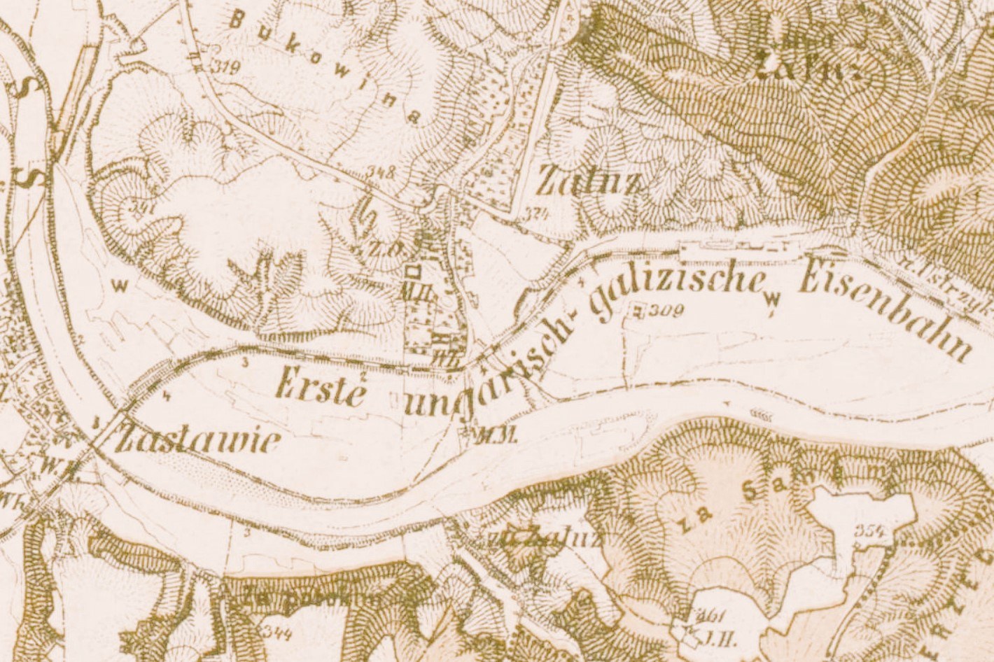 Alte detaillierte Karte von Eisenbahn, Deutschland, die Straßen, Gebäude und Sehenswürdigkeiten mit handschriftlichen Textanmerkungen zeigt.
