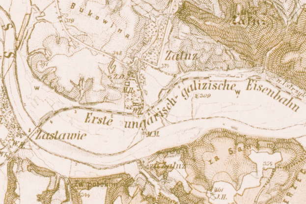Alte detaillierte Karte von Eisenbahn, Deutschland, die Straßen, Gebäude und Sehenswürdigkeiten mit handschriftlichen Textanmerkungen zeigt.