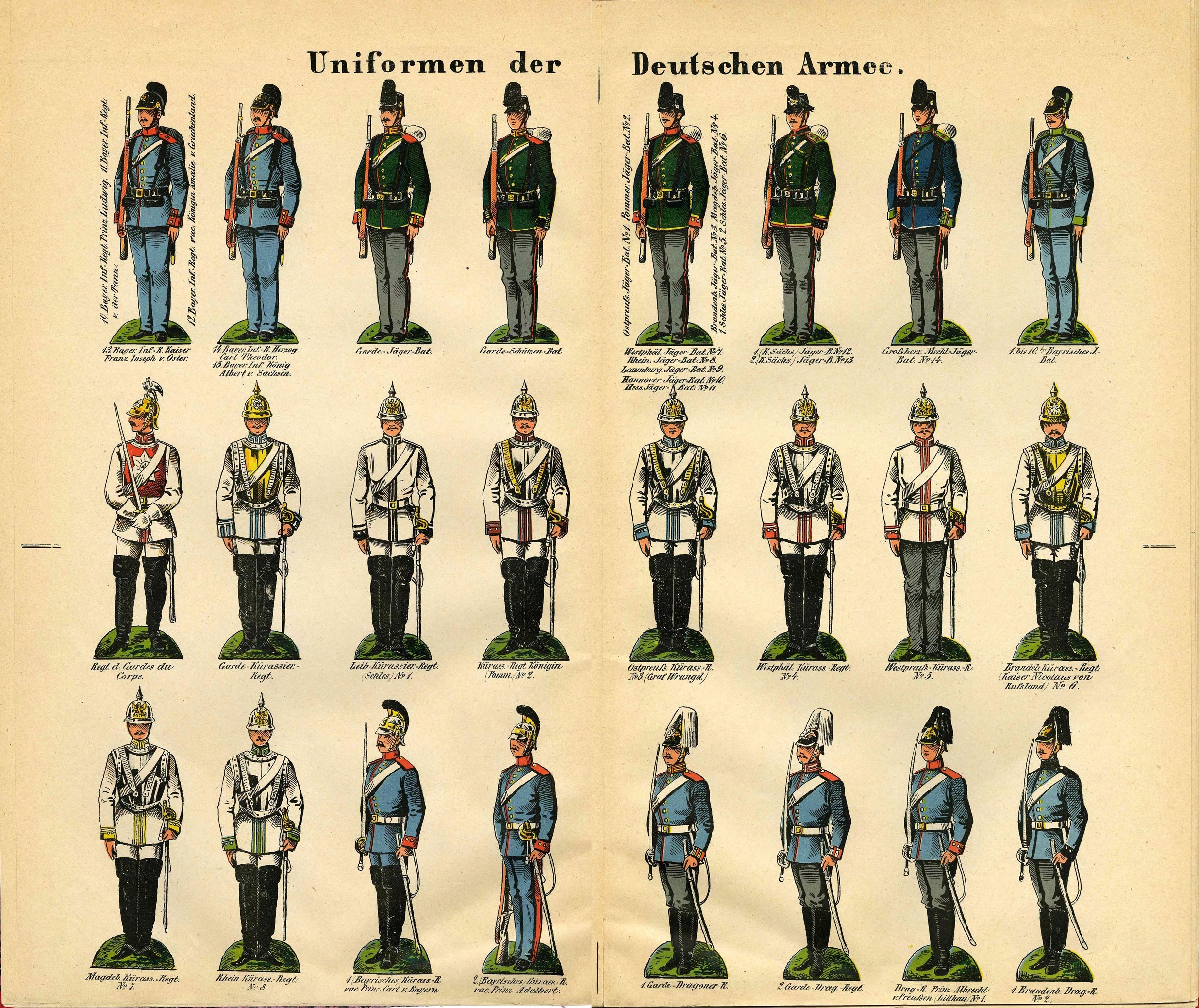 Ein Buch mit leuchtend bunten Militäruniformen der deutschen Armee mit detaillierten Elementen wie Helmen, Gewehren und anderen Waffen.