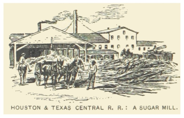 Plakat der Houston & Texas Central R.R. Zuckerfabrik mit Menschen, Pferden und Gebäuden im Hintergrund, mit dem Text "Zuckerfabrik" unten.