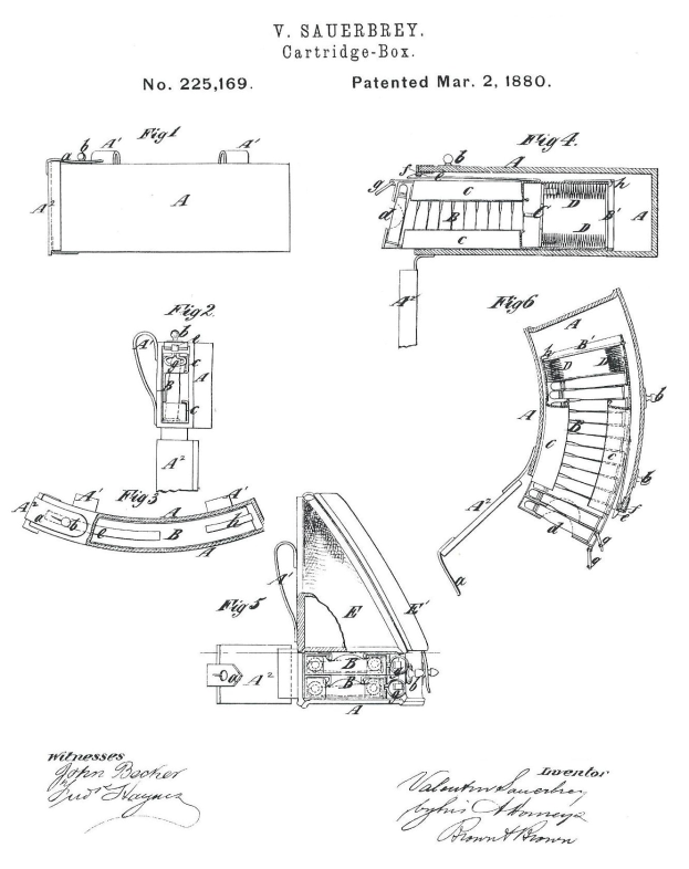 Ein detailliertes technisches Zeichnung einer Maschine mit mehreren Bauteilen, einschließlich einer Patronenkasten-Patentzeichnung aus dem Jahr 1880, begleitet von erklärendem Text.