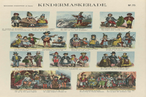 Ein Buch mit farbenfrohen Abbildungen von Kindern in verschiedenen Kostümen, einschließlich Masken und Hüten, mit begleitendem Text, der wahrscheinlich die Kostüme beschreibt.