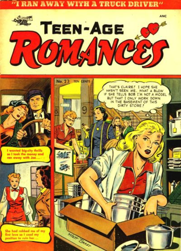 Ein Plakat mit einer Gruppe strahlender Menschen in inniger Umarmung, mit der Aufschrift "Teen-Age Romances 23-A by DC" in fetter Schrift oben drauf.
