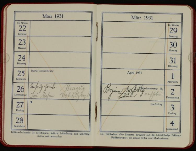 Offenes deutsches Tagebuch aus dem Jahr 1931 mit Kalender oben drauf, das handgeschriebene Zahlen und Text enthält.