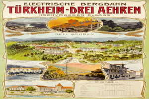 Plakat wirbt für Bergbahn, Deutschland als elektrischen Stadtstaat, zeigt Gebäude, Bäume, Hügel und Text.
