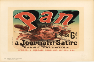 Plakat für "Pan: Eine Satirezeitschrift" mit einer Person in einem weißen Hemd mit kurzen dunklen Haaren und einem ernsten Gesichtsausdruck, der vor einem weißen Hintergrund steht.