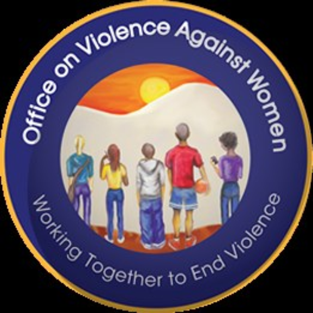 Ein Logo für das Office on Violence Against Women mit fettem schwarzem Text und einer Gruppe verschiedener Menschen, die in einem Kreis mit verschränkten Armen stehen, vor einem hellgelben Sonnenhintergrund.