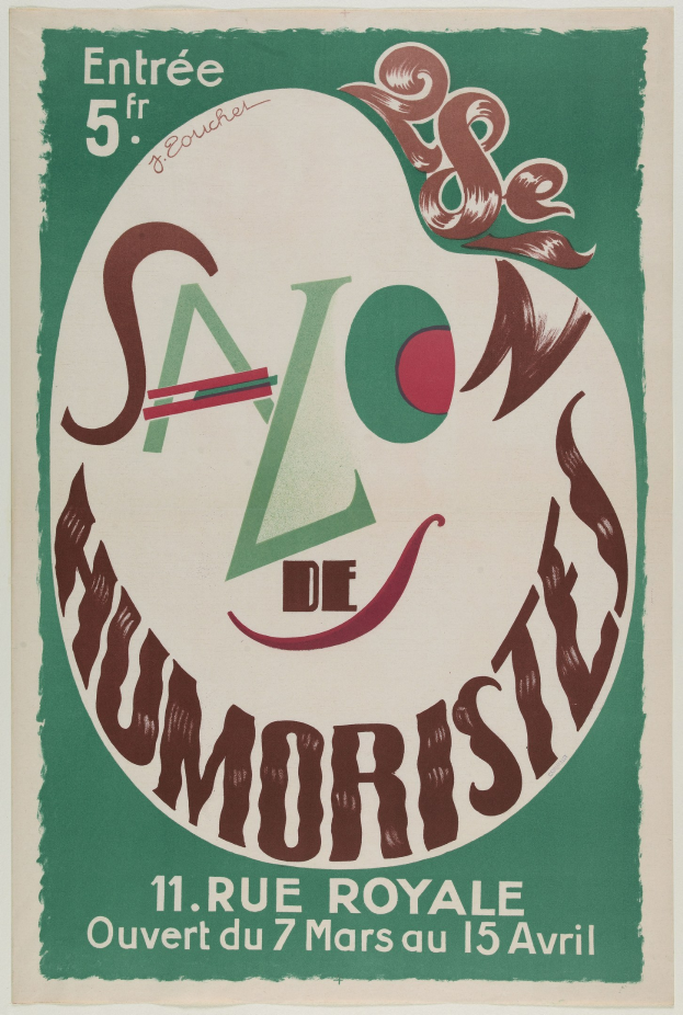 Plakat, das eine Humoristentafel in Paris, Frankreich, ankündigt, mit Text, der seine Angebote beschreibt.