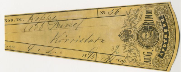 Ein alter Goldscheck von 1873 mit einem Porträt eines Mannes, mit handgeschriebener Schrift und Zahlen.
