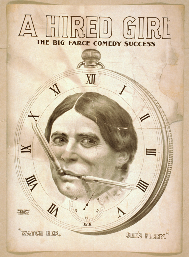 Plakat für "Ein Mädchen zum Verleihen: Die große Farce-Comedy-Erfolgsshow" mit einer Person mit entschlossener Miene und einer Uhr im Hintergrund.