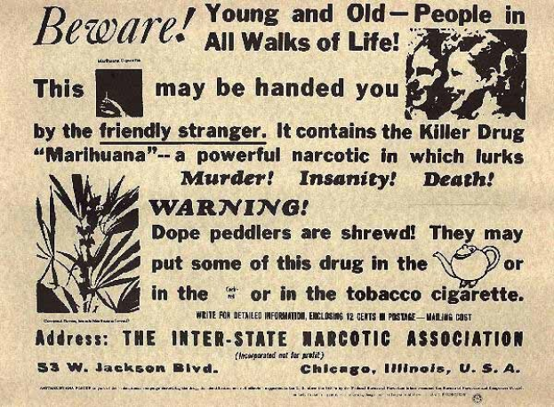 Schwarz-weißes Zeitungsinserat für die Inter-State Narcotic Association mit einem Bild von einem Mann und einer Frau und dem Warnhinweis "Vorsicht, jung und alt in allen Lebensbereichen".