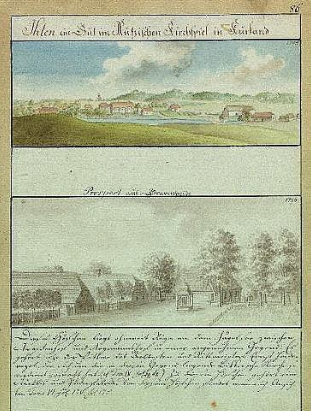 Eine antike Buchillustration, die eine Dorflandschaft mit Bäumen, Häusern, Gras und Wolken zeigt, mit der Beschriftung "München, Deutschland, 1750-1790, Landschaft mit Blick auf die Stadt München."