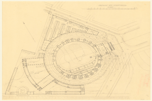 Schwarz-weißer Architekturplan einer Stadionanlage mit umliegenden Gebäuden, betitelt als der vorgeschlagene Sportplatz in London, einschließlich handschriftlicher Anmerkungen.