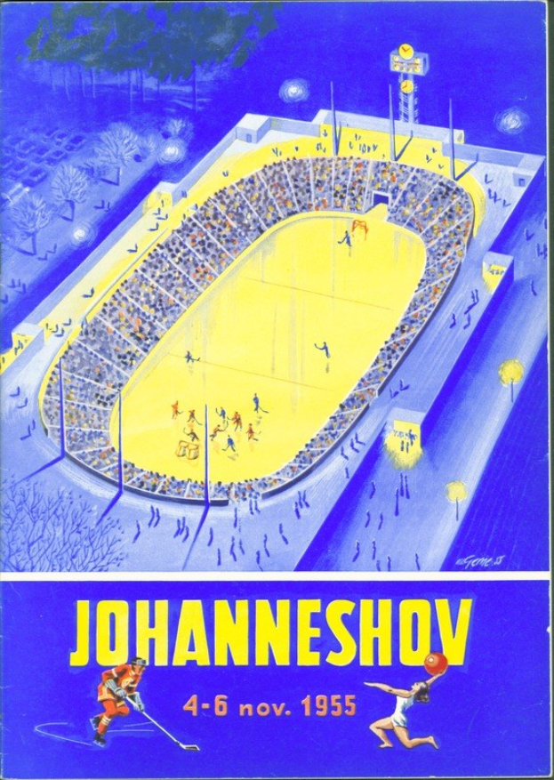 Plakat aus dem Jahr 1955, das ein Eishockeyspiel in Johannesburg, Südafrika, ankündigt und ein volles Stadion mit Bäumen und Lichtern sowie Text und Zahlen zeigt.