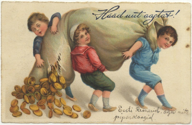 Alte Postkarte mit drei Kindern, die eine Tasche mit Goldmünzen halten und vor einem Haufen Münzen stehen, mit Text auf der Postkarte.