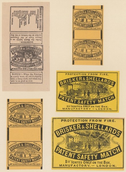 Papier mit mehreren angehefteten Zetteln mit der Aufschrift "Brisker & Shellard's Patent Safety Match".