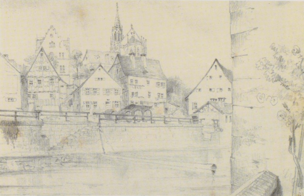 Bleistiftzeichnung betitelt "Nürnberg, Deutschland" von Joseph Mallord William Turner, darstellend eine Stadtansicht mit einem Fluss, Geb├Ąuden, B├Ąumen und einer Brücke.
