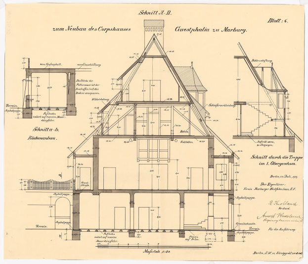 Ein detailliertes architektonisches Zeichnung eines Hauses mit zahlreichen Fenstern und einem Dach, das als erstes Haus in Deutschland gilt, begleitet von Plänen und Text auf dem Papier.