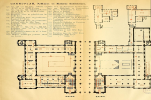 Schwarz-weißer Grundriss eines Museums für moderne Architektur mit beschrifteten Räumen und detaillierten Layout-Anmerkungen.