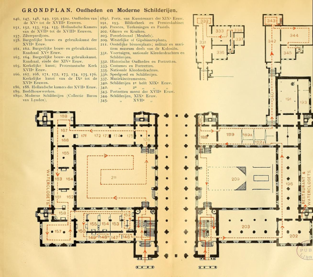 Schwarz-weißer Grundriss eines Museums für moderne Architektur mit beschrifteten Räumen und detaillierten Layout-Anmerkungen.