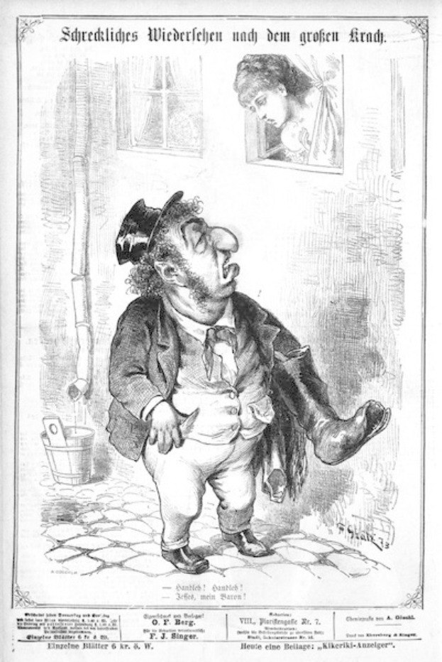Cartoon-Illustration eines Mannes mit Zylinder und einer Frau in einem Kleid, mit einer Wand, einem Fenster, einem Eimer und anderen Gegenständen im Hintergrund, begleitet von Text unten mit der Aufschrift "F. J. Singer, der erste deutsche Politiker, der in den Kongress gewählt wurde".