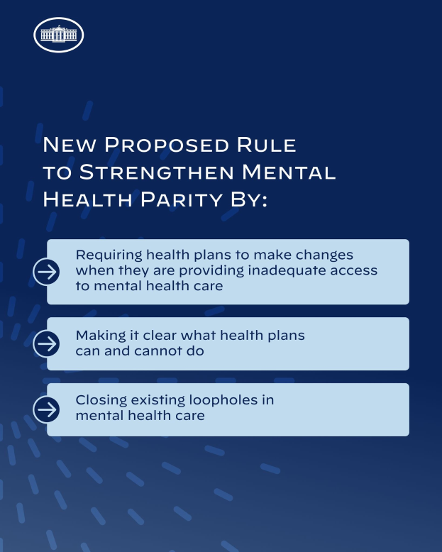 Blauer Hintergrund mit wei├čem Text und einem wei├čen Kreis-Logo mit einer blauen Umrandung, das eine neue Regel zur St├Ąrkung der psychischen Gesundheit umreißt.