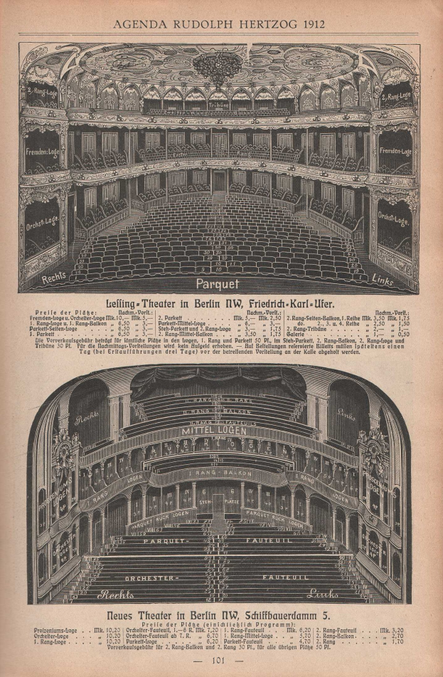 Schwarz-weiß-Illustration eines großen Auditoriums in Berlin, Deutschland, aus dem Jahr 1912, begleitet von Text, der das Layout des Theaters beschreibt.