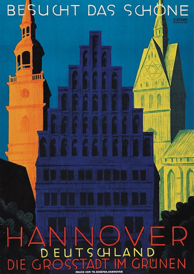 Plakatwerbung Hannover, Deutschland, mit Bildern von Gebäuden und Bäumen und Text mit Stadtinformationen.