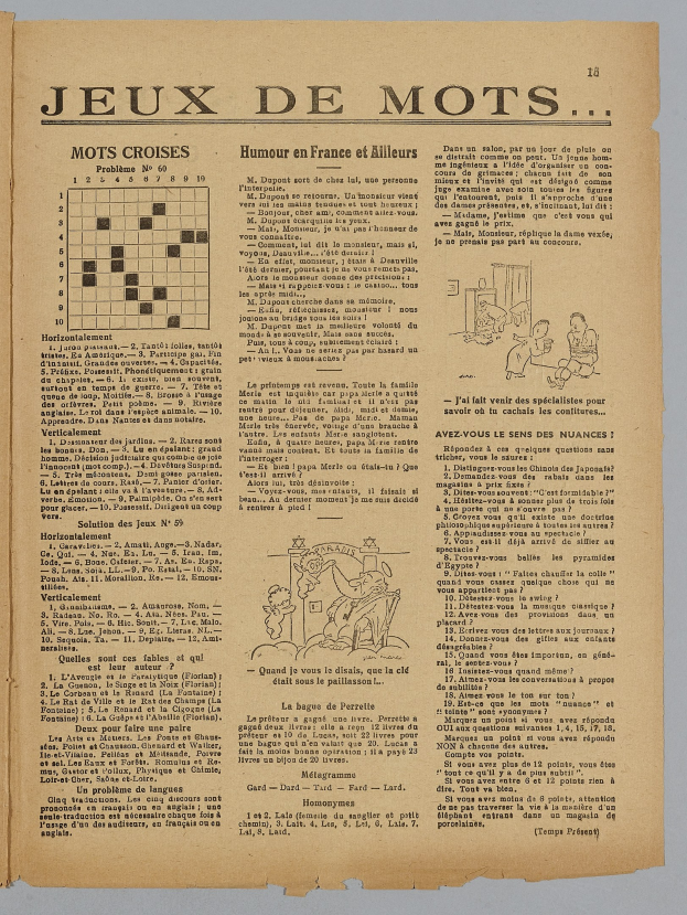 Altes Buch mit einem Kreuzworträtsel auf seiner offenen Seite, mit Text und Illustrationen.