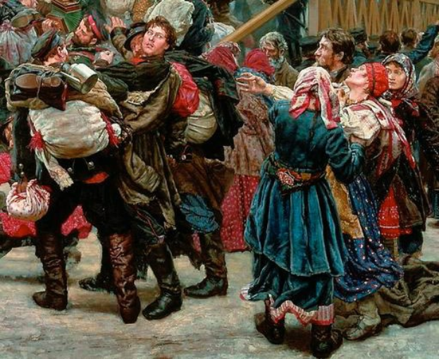 Gemälde einer Gruppe von Menschen, die vor einer Menge tanzen, einige halten Gegenstände, mit einem Holzhaus im Hintergrund, das eine Szene aus der russischen Revolution in traditioneller russischer Kleidung darstellt.