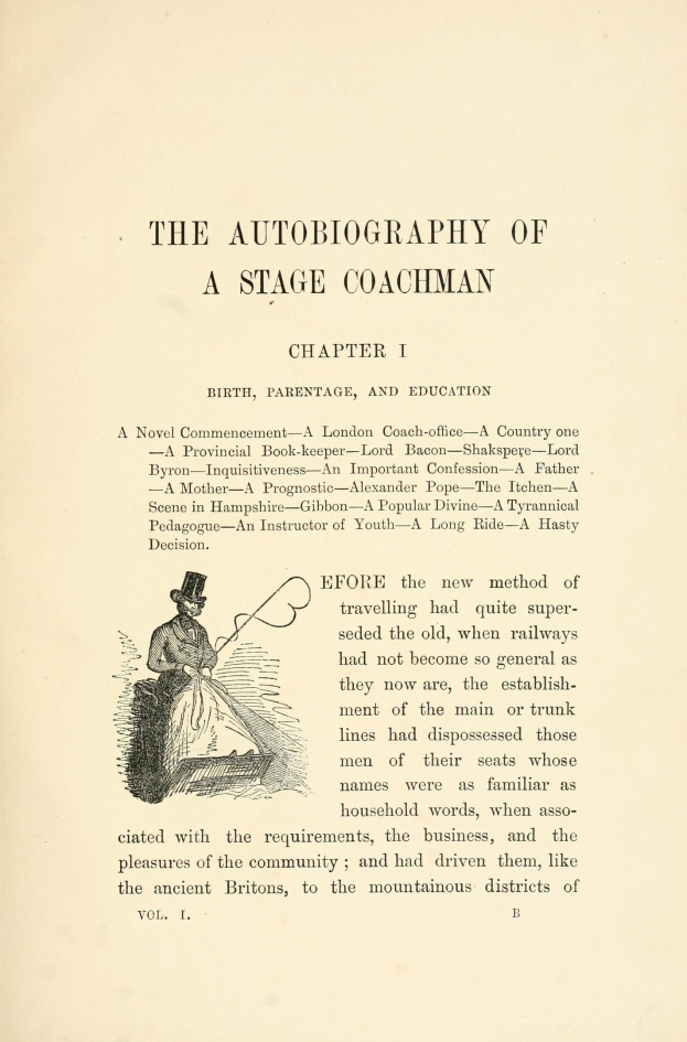Offenes Buch mit dem Titel 'Die Autobiographie eines Kutschers' zeigt eine Zeichnung eines ernsthaft aussehenden Kutschers in einem Anzug, Hut und einer Peitsche und einem Buch.