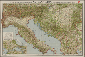 Ein detailliertes strategisches Kriegs-Kartenmaterial von Europa mit schwarzem Rand, das verschiedene Länder und Regionen während des Krieges zeigt.