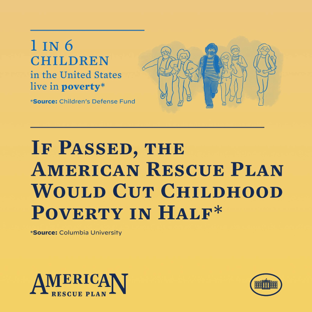 Plakat zur Unterstützung des American Rescue Plan, das den Text zeigt, dass es die Kinderarmut in den USA halbieren würde, und ein Bild einer vielfältigen Gruppe von Menschen.