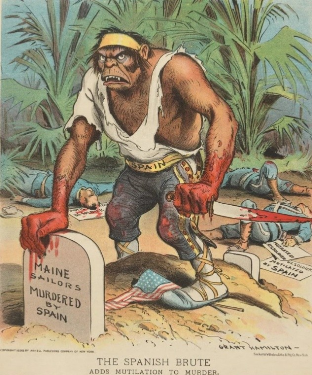 Cartoon eines Mannes mit einem Messer, der über einem Grab mit Text steht, mit am Boden liegenden Menschen und Bäumen im Hintergrund und der Unterschrift "Der spanische Grobian fügt Verstümmelung dem Mord hinzu" unten.