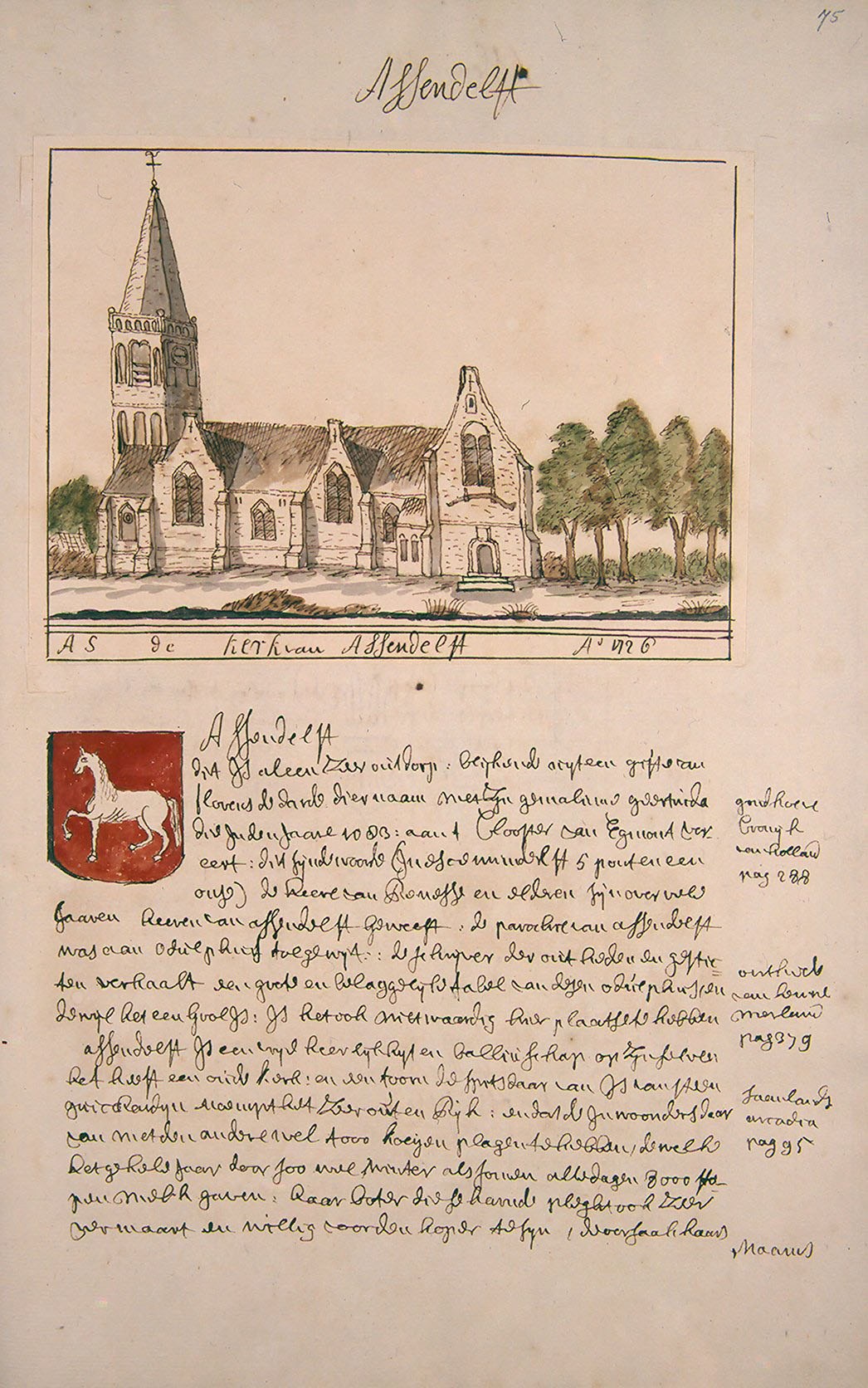 Altes Buch mit einer Zeichnung einer Kirche im Hintergrund, umgeben von Bäumen und einem Logo, mit der Aufschrift "Alfred deff - Kirche der heiligen Dreifaltigkeit".