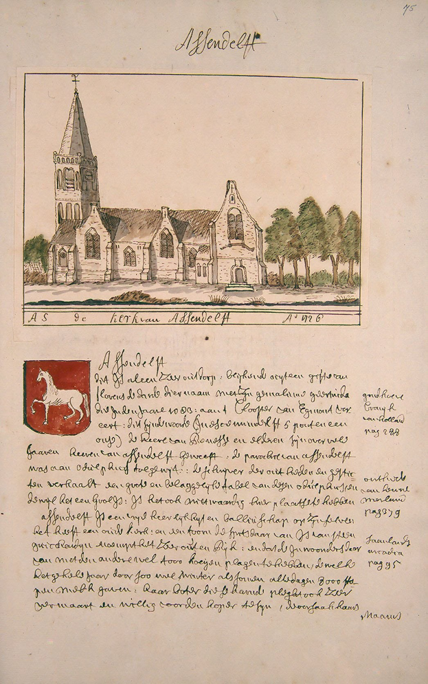 Altes Buch mit einer Zeichnung einer Kirche im Hintergrund, umgeben von Bäumen und einem Logo, mit der Aufschrift "Alfred deff - Kirche der heiligen Dreifaltigkeit".