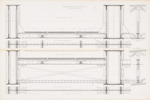Detailierter Konstruktionsplan einer Brücke mit beschrifteten Bauteilen auf einer Buchseite.