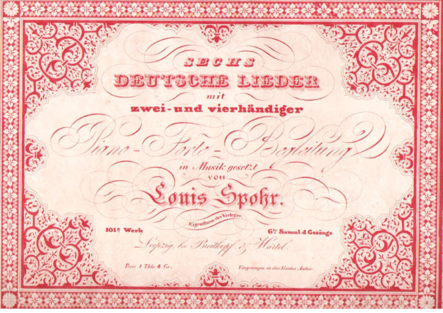 Ein altes deutsches Wertpapier mit rotem Rand und weißem Hintergrund, auf dem der Text 'Louis Spohr - Zweites Deutsches Lieder' steht.