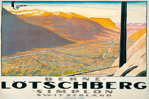 Schweizer Alpen-Bahnplakat von Bern nach Lötschberg, das eine Landschaft mit sanften Hügeln, gewundenen Straßen und einen strahlend blauen Himmel zeigt.
