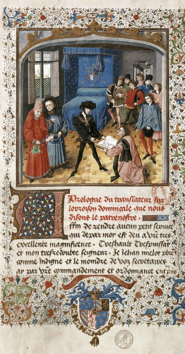 Illuminierte Handschriftenseite, die Heinrich VIII in einem roten Gewand und Elizabeth I in einem blauen Kleid zeigt, umgeben von einer Gruppe von Menschen, einem Bett, einem Fenster, einem Vorhang und einer Wand, mit der Inschrift "Die Hochzeit von Heinrich VIII und seiner Frau, Elizabeth I".