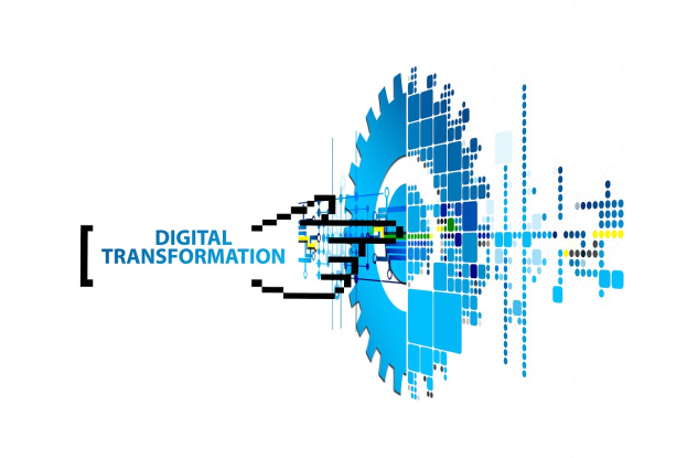 Digitalisierung-Logo mit den Wörtern "Digitalisierung" in der Mitte, umgeben von einem weißen Hintergrund, mit blauen, schwarzen und gelben Punkten.
