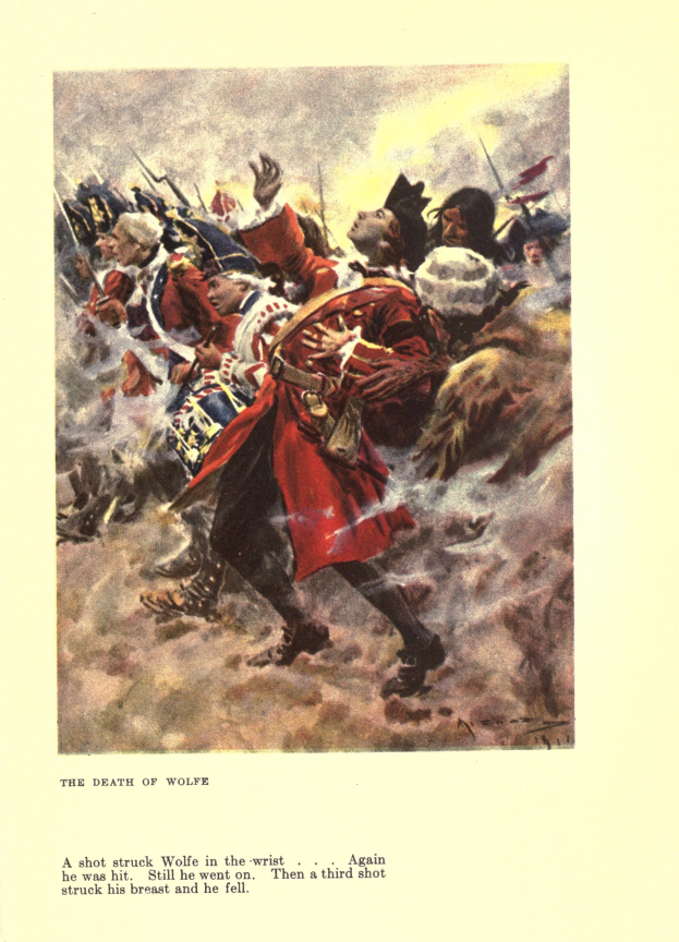 Ein Plakat mit der ├ťberschrift "Der Tod von Wolfe", das eine Gruppe betrübter Menschen in ged├Ąmpften Farben zeigt, einige schauen entsetzt nach oben und andere traurig nach unten.